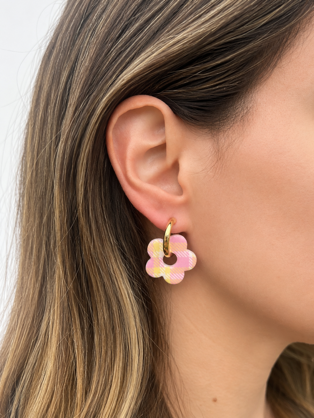 Brincos Mia - Padrão Vichy Rosa e Amarelo